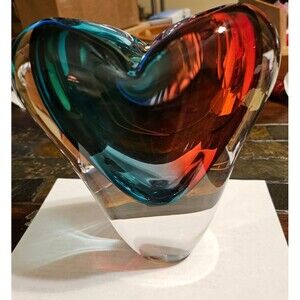 Murano Glass Design Crystal Cuore Vase Aqua Ruby 7" Ht.